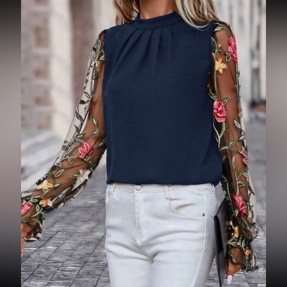 Luxe black floral embroidered mesh sleeve blouse - Picture 9 of 10